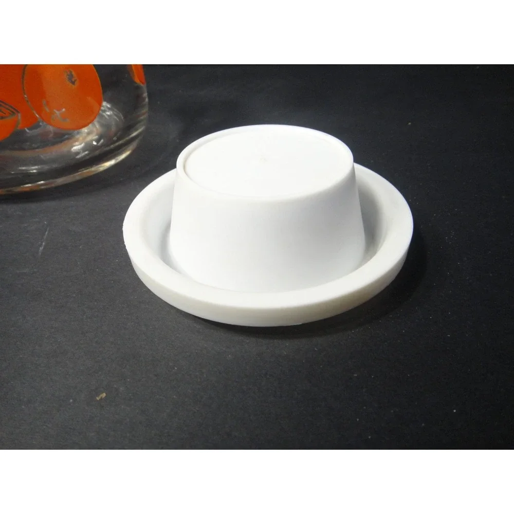 Vintage 1970s Glass Juice Carafe Pitcher Orange Fruit Print White Lid 8.5 Inch